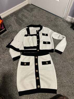 Black & White Knit Two Piece Crop Top and Mini Skirt Set